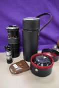 Two vintage camera lenses, including Jessop video wide angle 0.5X hi-resolution, a photo electric