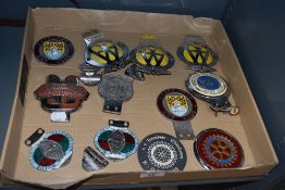 A group of vintage chrome and enamelled badges, to include AA car badges, Morecambe and Heysham