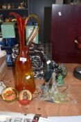 An assorted collection of coloured glass and art glass, to include a Mdina glass seahorse