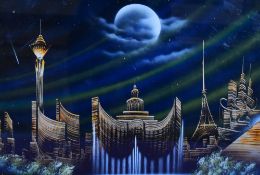 Unknown Artist, 20th Century, mixed media, A sci-fi painting depicting a city in space, signed 'J.