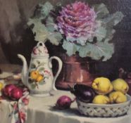 20th Century School, oil on board, An interior still life depicting various fruits, a lidded