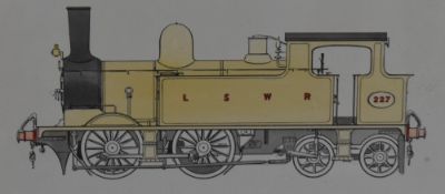 A carriage style framed Pen & Ink Watercolour by R Johnson, 0-4-4 LSWR 227 Locomotive in yellow