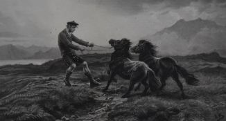 After Rosa Bonheur (1822-1899, French), monochrome etching, 'Highland Ponies', framed and under