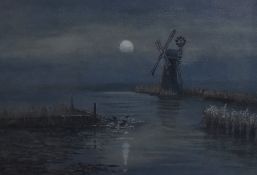 Eileen Green (20th Century, British), an oil painting, 'Moonlight Kiss', a tranquil windmill