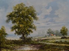 Late 20th Century, British School, oil on canvas, An agricultural landscape scene with stream to