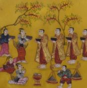 Three Indian Mughal paintings on yellow ground, framed, mounted, and under glass, 17cm x 32cm
