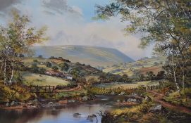 John Corcoran (b.1940, British), acrylic on canvas, An idyllic pastoral landscape depicting a