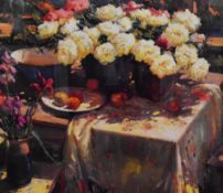 After Ovanes Berberian (b.1951, Russian-Armenian), a coloured print, 'Afternoon Peonies', framed,