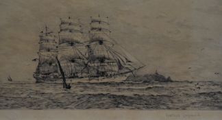 Rowland Langmaid (1897-1956), a monochrome etching, A view of a tall ship with lighthouse beyond,