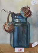 Suze de Lint (1878-1953, Dutch), a watercolour, A still life depicting conkers within a blue glass