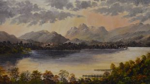 Attributed to Eric Cottam (British 1936-2015) oil on canvas 'Sunset over Windermere' partial