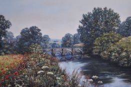 Deborah Poynton (South African b.1970) rural landscape with poppies aside a river and bridge, signed