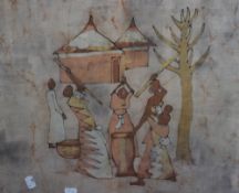 An African figurative batik print, displayed in a contemporary ebonised picture frame and under