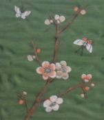 20th Century, two Chinese silk embroideries, Two panels depicting a Pagoda surrounded by floral