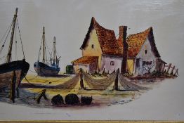 Hischel (20th Century), mixed media on board, A vintage fishing boat scene with creels to the