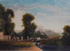 After John Cother Webb (1855-1927), a coloured mezzotint engraving, Figures within a Grecian