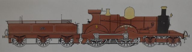 A carriage style framed Pen & Ink Watercolour R Johnson, 4-4-0 Gooch 8 Loco & Tender in red