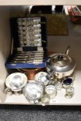 A small quantity of plated ware, to include napkin rings, a teapot, and a copper lidded pan