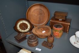An assortment of vintage and antique treen, including stamp box with carved floral decoration