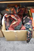 A selection of retro clothes including vintage rubber mac, a 1980s gent's suede jacket, a 1980s
