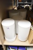 A group of five vintage cylindrical milk/opaque glass light shades, three retaining the original '