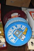 Four retro advertising trays, including Makesons and Whitbread beer.