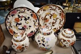 Three Mason's Ironstone lidded ginger jars, of 'Brown Velvet' and 'Mandarin' pattern, together
