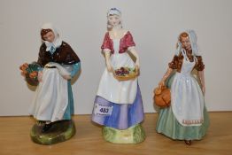 Three Royal Doulton figurines, to include Country lass HN 1991, The Milk Maid HN 2057A and Dawn HN