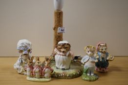 Five Beswick Pottery Beatrix Potter Studies, to include; Mrs Tiggy-Winkle lamp base (AF) Lady Mouse,