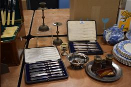 A miscellany of items, to include double ended perfume bottle with silver tone lid and similar cut