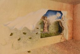 Tracy White (20th Century), a coloured print, 'The Window', a surrealist interpretation depicting