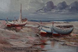 Unknown Artist, 20th Century, an oil on board, Fishing boats on a beach, signed indistinctly to
