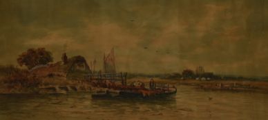 W. Fox (19th/20th Century), watercolour, A river boat with a thatched cottage and distant town