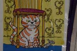 Two vibrantly coloured caricature prints on card, illustrating cats, a 1945 Six Great Bullfights