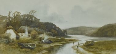 After Ernest William Haslehurst (1866-1949), a coloured print, a remote estuary scene with figure