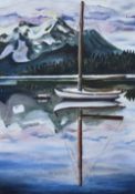 Hattie Holliday, 20th Century, oil on canvas, A yacht moored within a lake, in the style of Peter