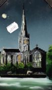 Artist Unknown (19th/20th Century), a reverse painting on glass, A church with mother of pearl