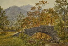 Ward Heys (19th Century, British), a watercolour, A woman contemplating on a stone arched bridge,