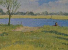 R.Chettle (20th Century, British), an oil on board, Fisherman by a river, possibly the Lune,