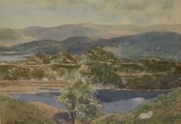 After ...Healey (20th Century), a coloured print, A hilly landscape with sheep to the foreground,