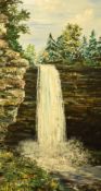 Gerald Hodgson (20th Century, British), an oil on board, A waterfall, possibly Thornton Force,