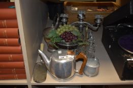A selection of vintage flatware and plated ware, teapot, condiment set, tazza and candlestick to