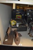 A mixed lot of items, including brass antique pressure gauge, flat iron, whisk, dough cutter,
