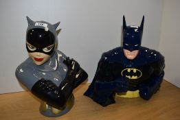 Two Warner Bros Batman collectable biscuit barrels, comprising Batman and Catwoman.