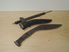 A Chinese Ceremonial Coin Sword, length 48cm along with a Kukri Knife, scabbard and handle af