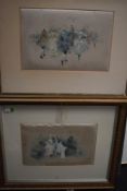 A pair of French paintings on material in gilt frames.