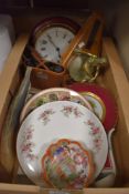 An art deco style wooden barometer, a decorative brass figure, a pair of Deltrintem 8x30 binoculars,