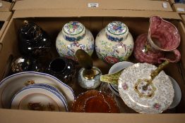 Two Mason's 'Strathmore' ginger jars, carnival glass jug and bowl in orange, a Mailing jug, a