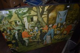 A print on board depicting a medieval dinner.