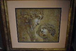 After W.Harris (20th Century), a textured coloured print, Classical Heads, framed and mounted,